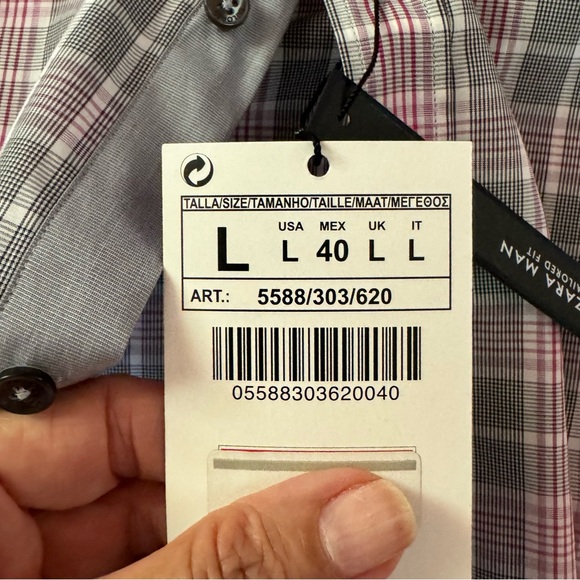 ZARA MAN BASIC. NWT. Men’s Pink/Grey Checkered Shirt. Sz L. Patches on e… - Picture 6 of 11